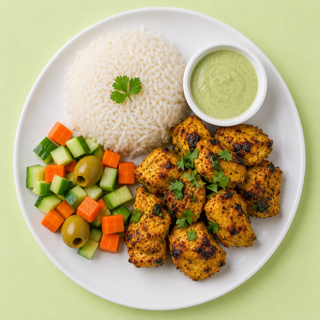 Chicken Tikka With Rice And Mint Sauce