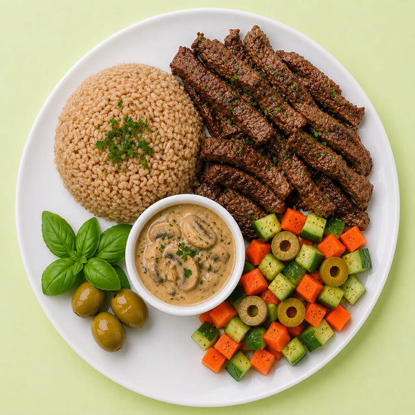 Beef Steak with Brown Rice and Mushroom Sauce