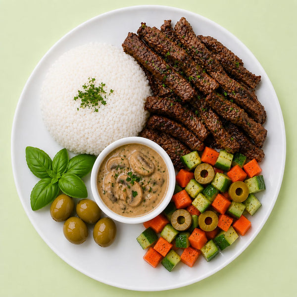 Beef Steak with White Rice and Mushroom Sauce