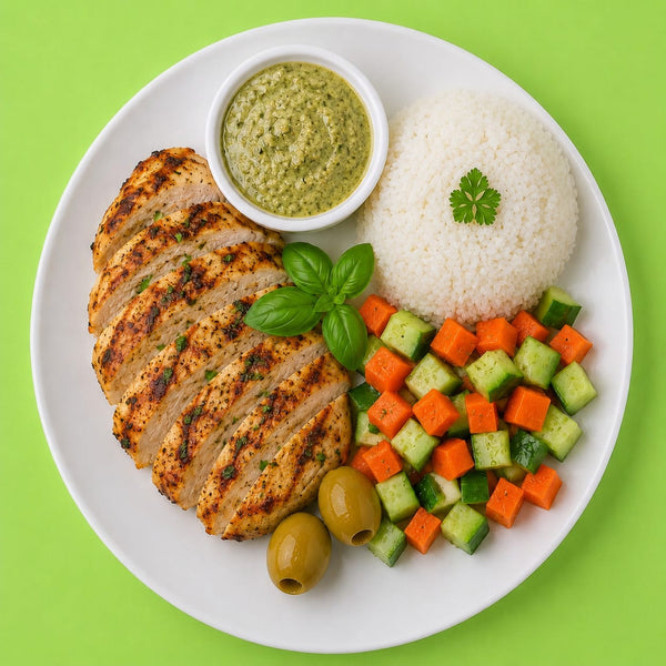 Grilled Chicken with White Rice and Yoghurt Chutney