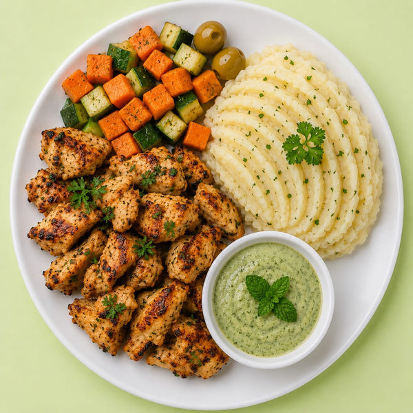 Shish Tawook with Mashed Potato and Mint Sauce